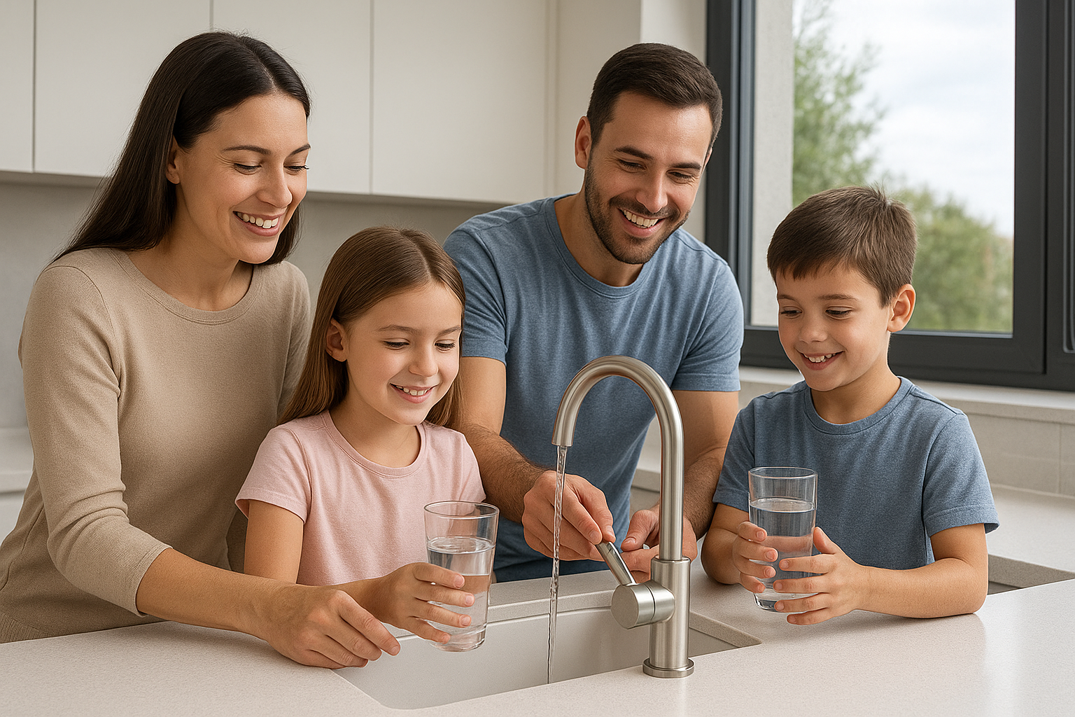 Familia llenando vasos con agua purificada del grifo